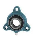 Front view of a 15mm Narrow Set-Screw 3-Bolt Ball Bearing Single Unit Malleable Iron Housing Shaft Support Compact Metric Mount.