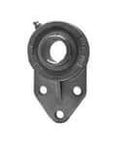 Front view of Stainless 3-Bolt Flange Bearing Insert MUC205-16, 1 in ID Wide Inner Ring, Set-Screw Lock, 3/8 in Bolt Size, Washdown Stainless Housing MFB205, Sealed Relubricatable Single Unit for Linear Slides.