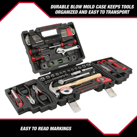 All In One 118 Piece Home Repair Tool Set With Hammer, Adjustable Wrench, Pliers, Level And Ratchet Socket Kit