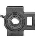 Front view of 15mm Single Take-Up Unit MUCT202 Stainless Steel Housing, Washdown Bearing with Wide Inner Ring, Locking Set Screw, Relubrication 1/4-28 UNF Fitting, Contact Seal, 212°F Max.