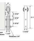 Diagram of Sturdy Double Barn Door Kit showing hardware dimensions and components for 48 by 96 inches in Nordic White with Frosted Glass.