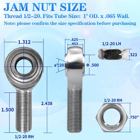 1/2 x 1/2-20 Heim Joints Rod End Kit with Right and Left Hand Threads, Chromoly Panhard Bar Set, diagram of dimensions and components