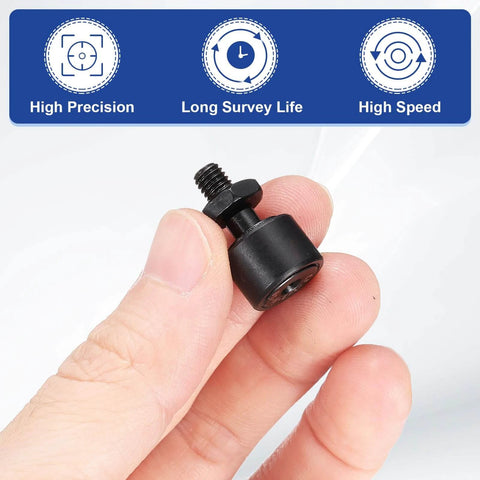 Hand holding uxcell 2Pcs CF-1/2-NSB CR8 Cam Follower Track Runner Bearings, Chrome Steel Roller Stud Track Bearing, close-up view