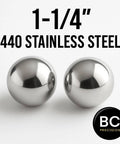 Two Pack One And One Quarter Inch Diameter 440 Stainless Steel Bearing Balls G25 Precision Grade For Industrial Machinery Mechanical Projects And Hobby Use Tough Workhorse, front view of two polished steel balls displaying size and material.