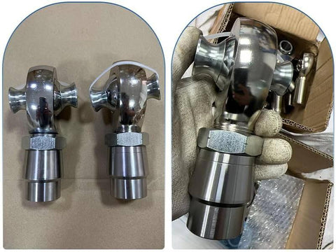 2 Pair 1.25 Heim Joints Rod End Kit with Right and Left Hand Threads, heat treated chromoly joints, visible on cardboard and gloved hand