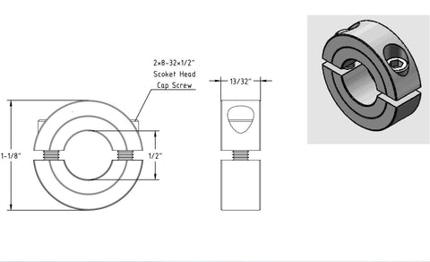 Diagram of one half inch bore double split shaft collar clamp with set screw in 304 stainless steel, showing measurements and design details.