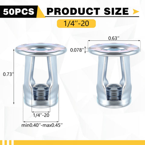 50 Pack Jack Nuts 1/4-20 Threaded Inserts Petal Nuts And Blind Fasteners For Plastic And Metal Projects Zinc Plated Steel And Aluminum Alloy Dowels Screw Anchors For Hollow Plates Pipes Sheets And More product size dimensions