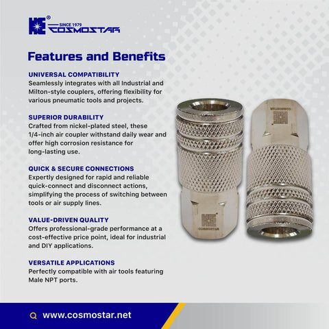 1/4 Inch Air Coupler Quick Connect CFNPT Style Nickel Plated Steel Industrial Pneumatic Coupler With 1/4 Inch Flow Size And 1/4 Inch Female NPT Thread Built Tough For Daily Shop Use And Universal Tool Compatibility