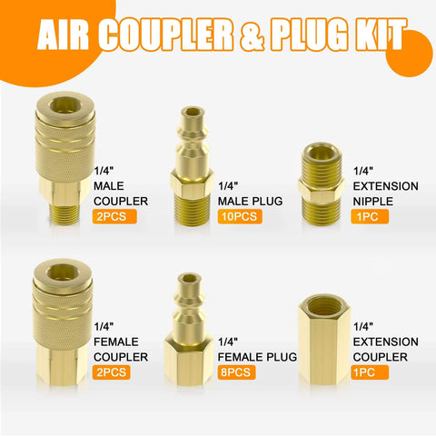 Image of 26 Piece Air Coupler And Plug Kit With One Quarter Inch NPT Quick Connect Fittings For Air Hose And Compressor Accessories