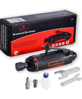 1/4 Inch Mini Air Straight Die Grinder AP17314 with 1/4 Inch Collet 22000 RPM, accessories, and packaging