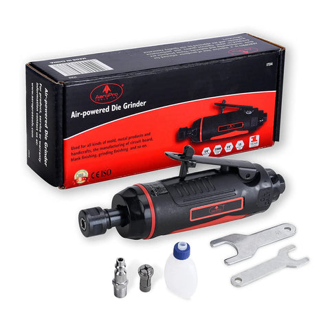 1/4 Inch Mini Air Straight Die Grinder AP17314 with 1/4 Inch Collet 22000 RPM, accessories, and packaging