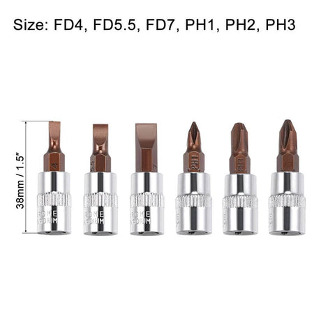 1/4" Drive Phillips Slotted Bit Socket Set, S2 Steel Bits, CR-V Sockets 6-Piece (PH1-PH3, FD4-FD7) displayed in a row