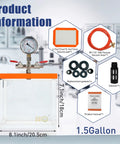 1.5 Gallon Acrylic Vacuum Chamber For Resin Degassing Kit with silicone gasket and accessories including hose, silencers, and manual.