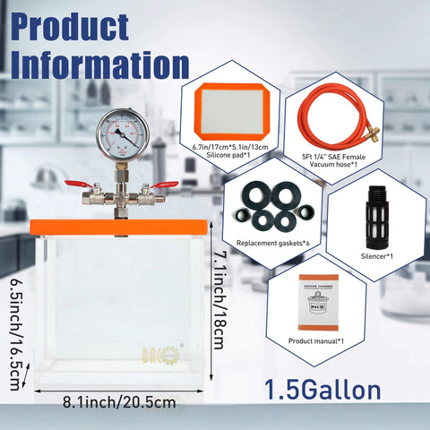 1.5 Gallon Acrylic Vacuum Chamber For Resin Degassing Kit with silicone gasket and accessories including hose, silencers, and manual.