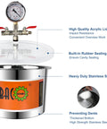 1.5 Gallon Stainless Steel Vacuum Chamber Kit For Resin And Epoxy Degassing With Acrylic Lid And Silicone Gasket, features labeled