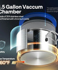Diagram of 1.5 Gallon Stainless Steel Vacuum Chamber with Pump Degassing Kit showing construction and temperature resistance.