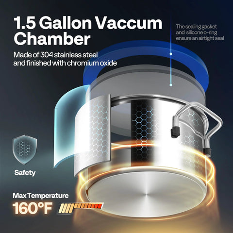 Diagram of 1.5 Gallon Stainless Steel Vacuum Chamber with Pump Degassing Kit showing construction and temperature resistance.