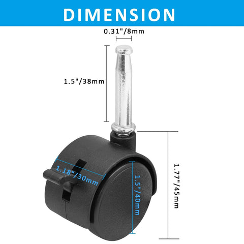 Dimensions of 4pcs 1.5 Inch Swivel Caster Wheels with M8 Grip Neck Stem and Brake Heavy Duty Black Nylon Replacement Casters