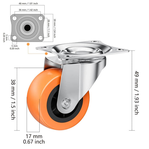 1.5" Casters Set of 8 - Swivel Plate Universal Caster Wheels, Orange Polyurethane (PU), 360° Rotation for Storage Box, Small Furniture, and Kitchen Appliances.
