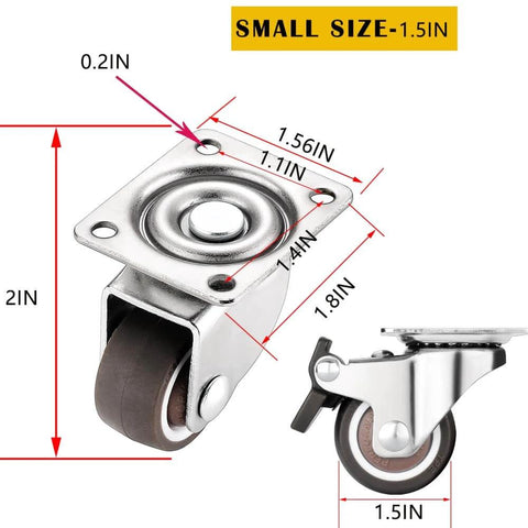 1.5 Inch Caster Wheels Heavy Duty Set of 4 Rubber 360 Degree Swivel Plate Casters, front and side view with measurements