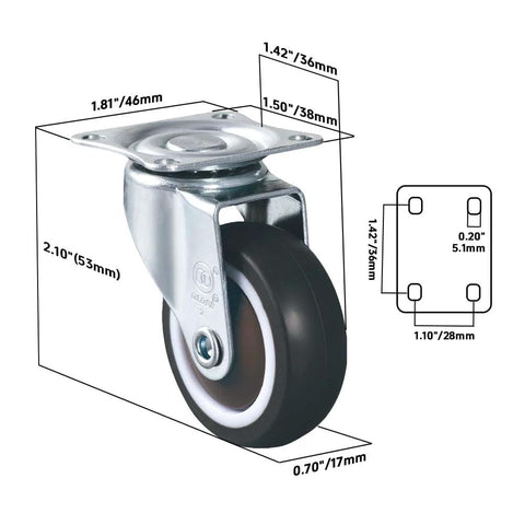 1.5 Inch Caster Wheels Set Of 4 Heavy Duty No Noise Swivel Top Plate Casters For Nightstands And Side Tables Furniture And Workbenches Smooth Floor Friendly TPR Wheel Protects Floors From Marks And Scratches with dimensions shown.