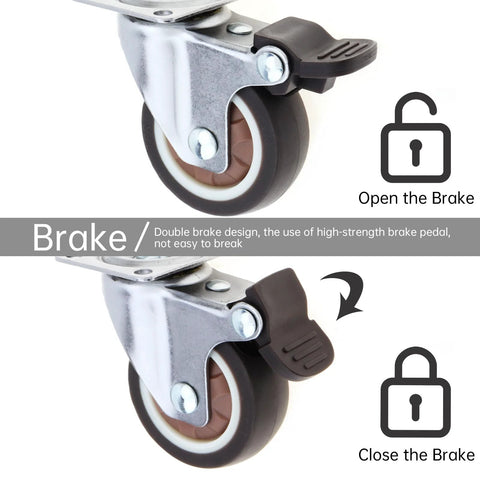 1.5 Inch Plate Swivel Caster Wheels Set Of 4 With Quiet Rubber Wheels And Locking Brakes, 220 Lbs Total Load Capacity, open and close brake example