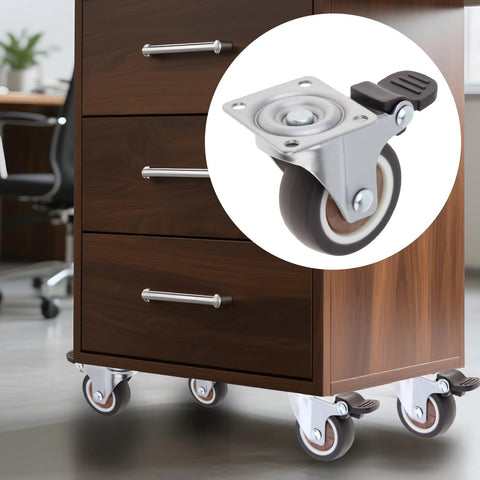 Wooden cabinet with 1.5 Inch Plate Swivel Caster Wheels Set Of 4 With Quiet Rubber Wheels And Locking Brakes installed, for smooth mobility.