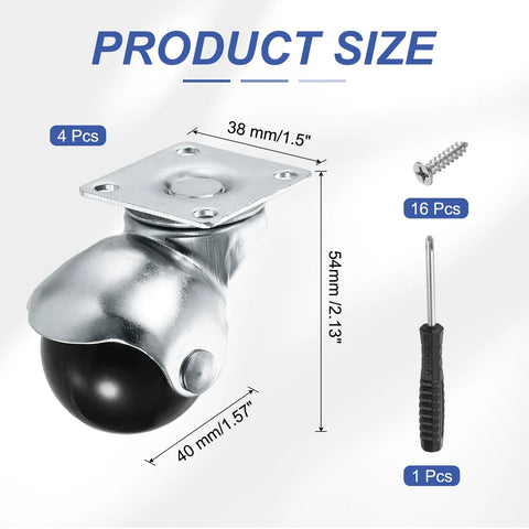 Detailed view of 1.5 Inch Ball Caster Wheels for Furniture Swivel Casters With Top Plate Mount, screws and screwdriver included
