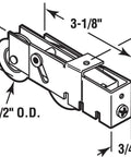 Diagram of 1-1/2 inch Steel Ball Bearing Sliding Door Tandem Roller Assembly, Unique Back with detailed measurements.