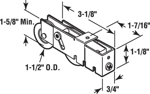 Diagram of 1-1/2 inch Steel Ball Bearing Sliding Door Tandem Roller Assembly, Unique Back with detailed measurements.