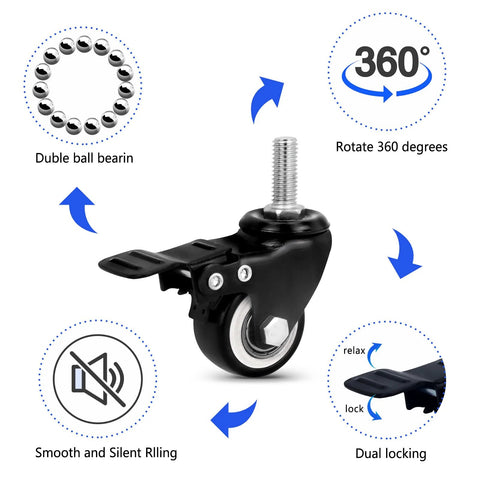 Set Of 4 Heavy Duty 1.5 Inch Stem Casters With 5/16-16 X 1 Inch Threaded Stems Carbon Steel Frame And Polyurethane Wheels Quiet Operation Up To 300 Lbs Per Caster Ideal For Furniture And Equipment On Casters shown with dual locking and 360-degree rotation features.