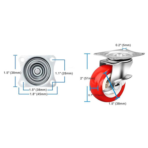 Heavy Duty 1.5 Inch Caster Wheels Set Of 12 With Brakes, Red PVC wheels, swivel locking casters, size diagram