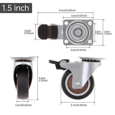 Detailed view of 1.5 Inch Plate Swivel Caster Wheels Set Of 4 With Quiet Rubber Wheels And Locking Brakes, 220 Lbs Total Load Capacity.