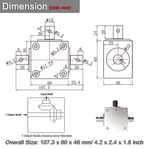 Technical diagram and dimensions of Right Angle Bevel Gearbox 1.5 Module 20 Teeth 90 Degree Drive For DIY CNC showing structure.