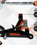 Heavy Duty 1.5 Ton Car Floor Jack With Five And One Eighth Inch To Twelve Inch Lift Range, Hydraulic Trolley Jack With Solid Storage Case, 3300 Lbs Capacity, Portable Floor Jack With Single Piston Pump For Home Garage displayed in side view