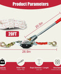 1.5 Ton Rope Puller With 20 Ft Of 0.6 Inch Rope Dual Hook Come Along Winch, heavy-duty ratchet puller for boat moving, product specs shown.