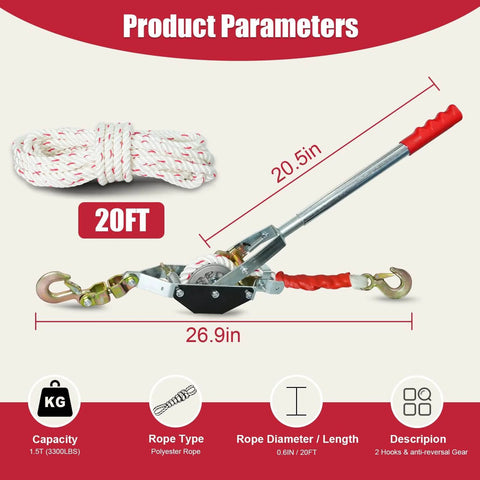 1.5 Ton Rope Puller With 20 Ft Of 0.6 Inch Rope Dual Hook Come Along Winch, heavy-duty ratchet puller for boat moving, product specs shown.