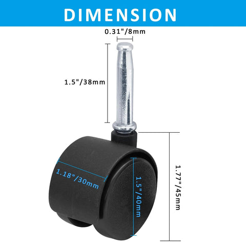 Dimensions of 4pcs 1.5 Inch Swivel Caster Wheels with M8 Grip Neck Stem Heavy Duty Black Nylon Replacement Casters