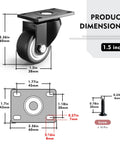 1.5 Inch Furniture Caster Wheels Set Of 4 With Swivel Plate, 400 Lb Load Capacity, Black PU Roller Castors, Dimensions and Parts