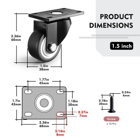 1.5 Inch Furniture Caster Wheels Set Of 4 With Swivel Plate, 400 Lb Load Capacity, Black PU Roller Castors, Dimensions and Parts