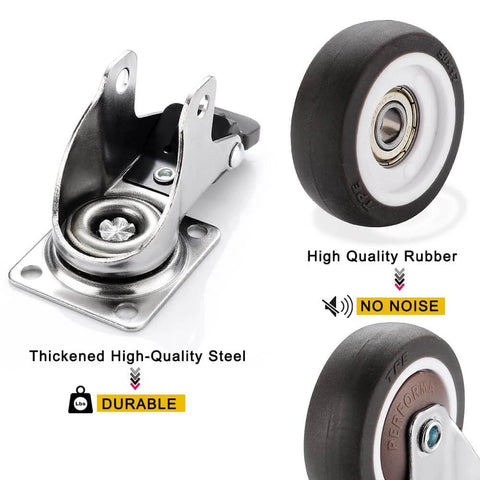 1.5 Inch Caster Wheels Heavy Duty Set of 4 Rubber 360 Degree Swivel Plate Casters showing steel plate and rubber wheel