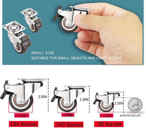 1.5 Inch Caster Wheels Heavy Duty Set of 4 Rubber 360 Degree Swivel Plate Casters for Small Furniture Carts and Cabinets 2 with Brakes 2 without Load 194 Lbs, shown in hand to indicate small size, with weight capacity labels and quarter for scale.
