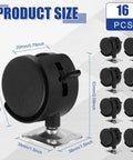 8 Piece Set Of 1.5 Inch Plastic Furniture Casters With Brakes And Swivel For Rolling Carts Tables Chairs And Cabinets Black Flat Style Nylon Replacement Wheels For Easy Installation And Smooth Quiet Mobility In Home Office And Workshop, depicting black casters with dimensions and brake feature.