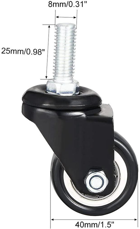 1.5 Inch Swivel Caster Wheels PU 360 Degree Rotation with Threaded Stem M8 x 25mm, side view of wheel and stem measurements