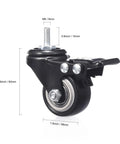 Side view of a 1.5 Inch Caster Wheels Set Of 4 Heavy Duty Swivel Casters with Brakes M6 X 15mm Threaded Stem PU Non Marring Wheels.