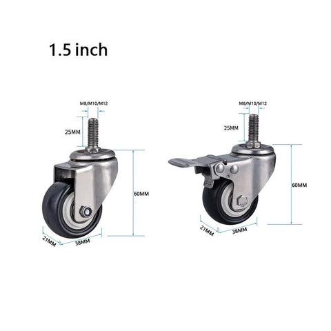 1.5 Inch Heavy Duty Swivel Caster Wheels Set of 4 with Brakes, Silent PU Casters with M10 Thread, image showing two casters