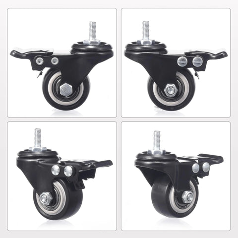 1.5 Inch Caster Wheels Set Of 4 Heavy Duty Swivel Casters With Brakes M6 X 15mm Threaded Stem PU Non Marring Wheels 360 Degree Rotation