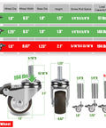 Diagram of 1.5 Inch Stem Casters Set of 4 With Brakes, showing dimensions, load capacity, and threaded stem details.