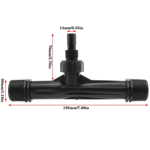 1 Inch Black Venturi Injector Tube for Outdoor Garden and Farm Use Fertilizer Mixer with dimensions shown