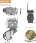 Diagram showing 1-Inch Small L Shaped Plate Casters Swivel Furniture Wheels, TPR, steel bracket, size reference with coin.